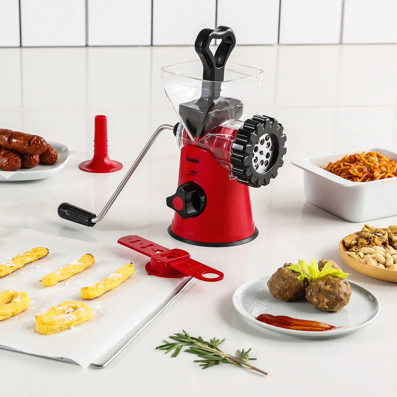 Picadora de carne manual Geedel: tritura sin esfuerzo en casa con 2 cuchillas intercambiables de acero inoxidable y fácil limpieza.