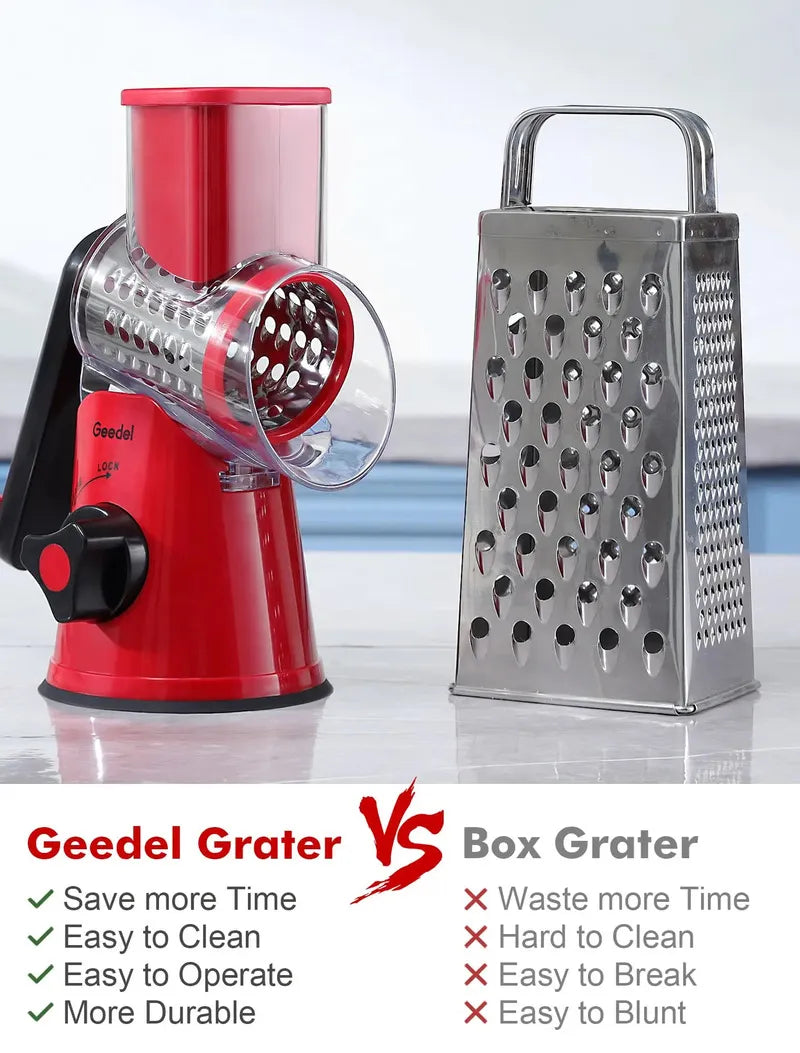 A product comparison infographic of the red Geedel rotary cheese grater versus a traditional stainless steel box grater, highlighting benefits like saving time and easy cleaning.