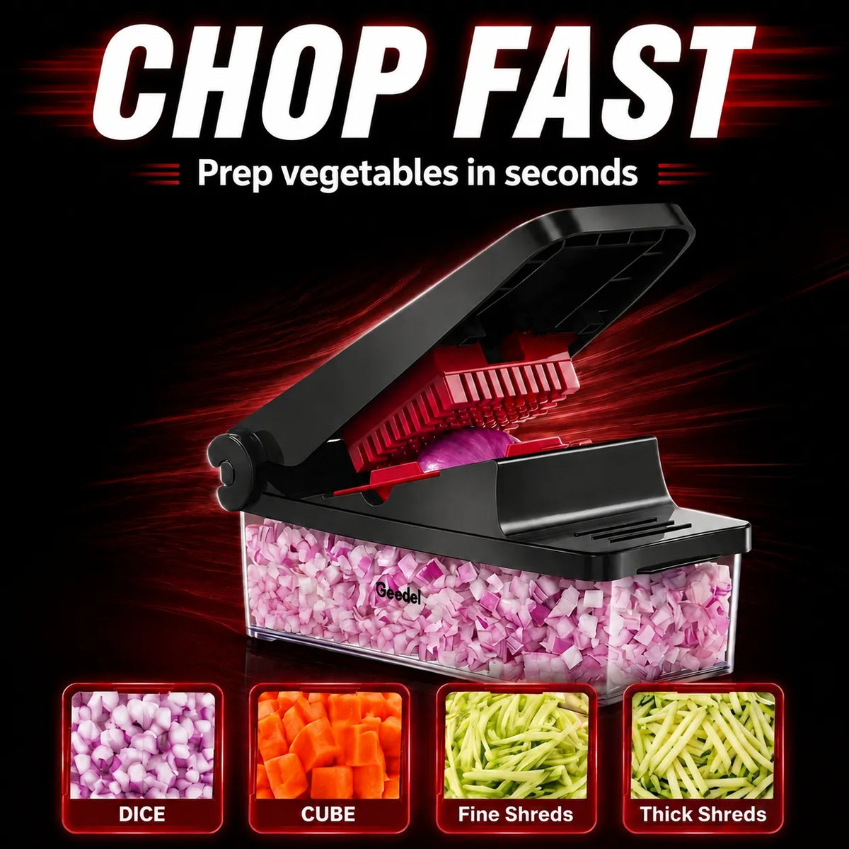 Geedel Manual Vegetable Chopper - Fast Food Prep & Easy Chopping for Busy Kitchens - angled view